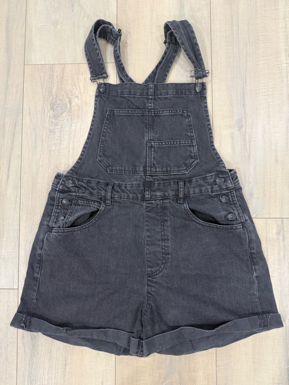 We The Free Washed Black Denim Short Overalls